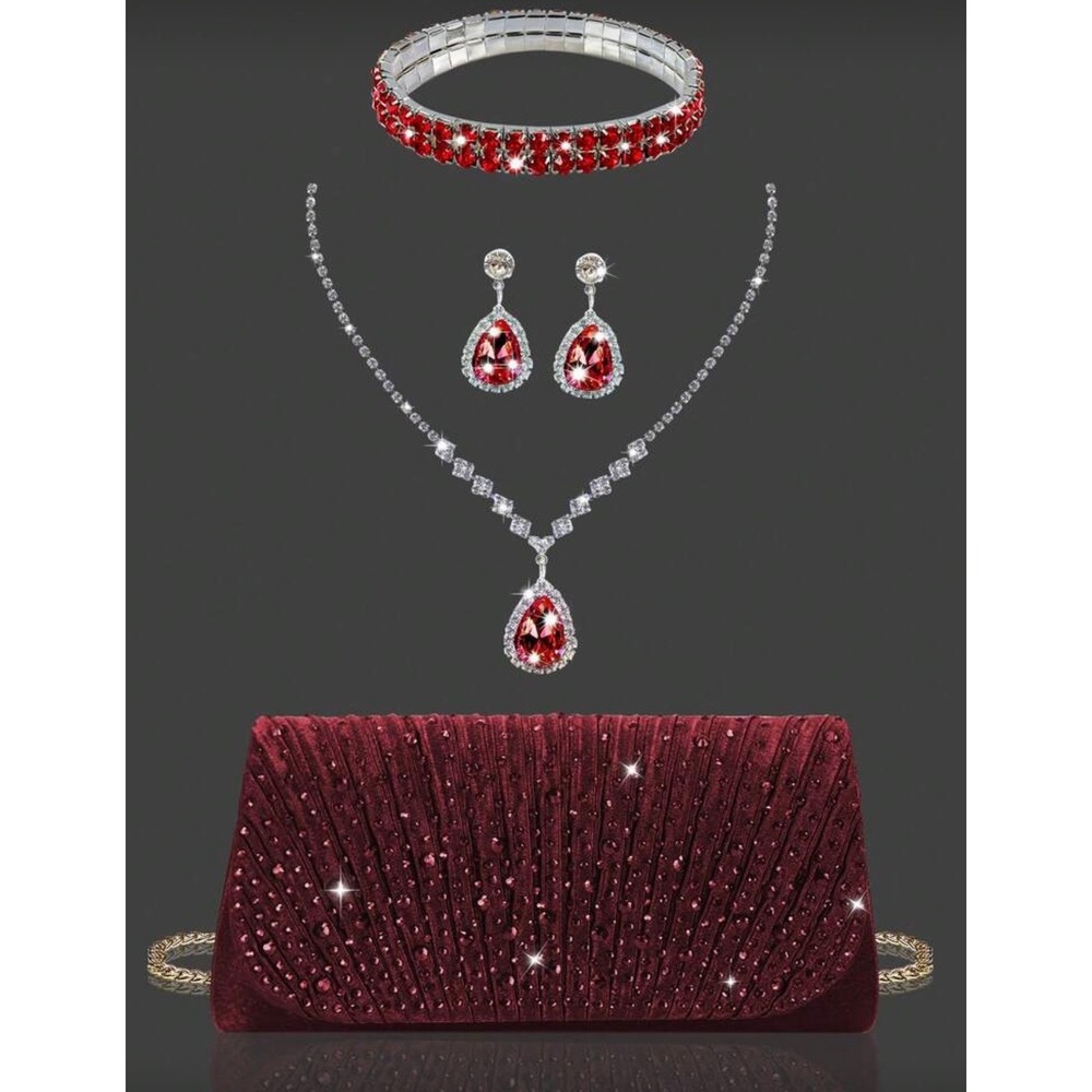 Red Velvet Evening Clutch Bag and Rhinestone Jewelry‎ Set Wedding Prom Formal
